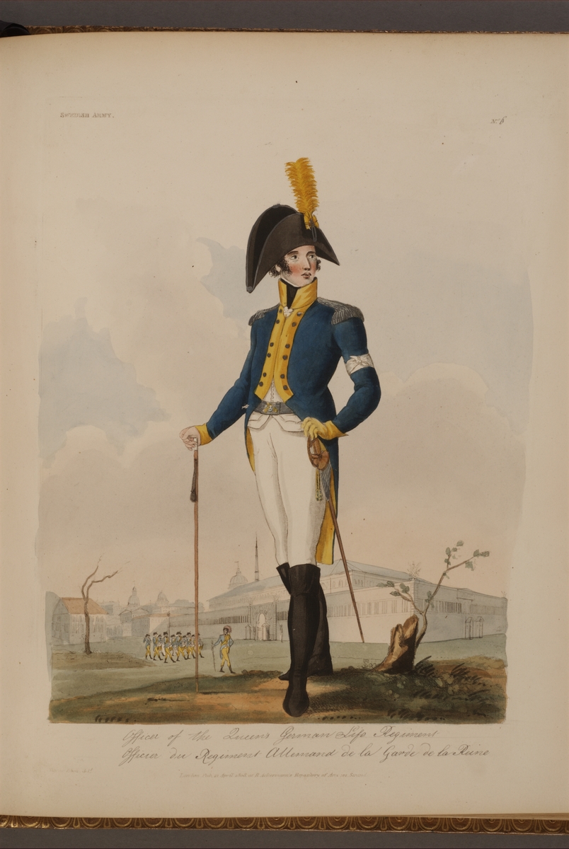 Kjell Hedberg, Plansch med uniform för Drottningens livregemente, ritad av Frederic Eben i boken The Swedish Army, utgiven 1808.