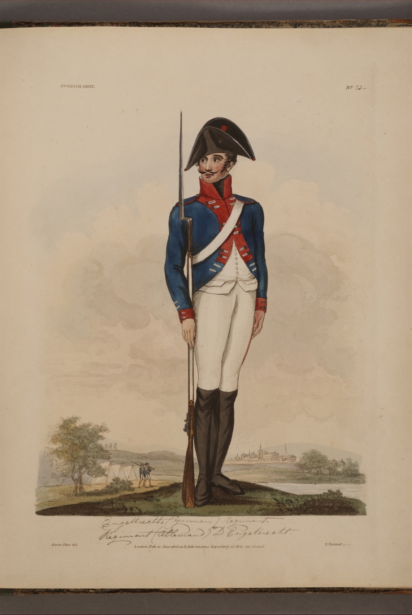 Kjell Hedberg, Plansch med uniform för manskap vid Engelbrechts värvade regemente, ritad av Frederic Eben i boken The Swedish Army, utgiven 1808.