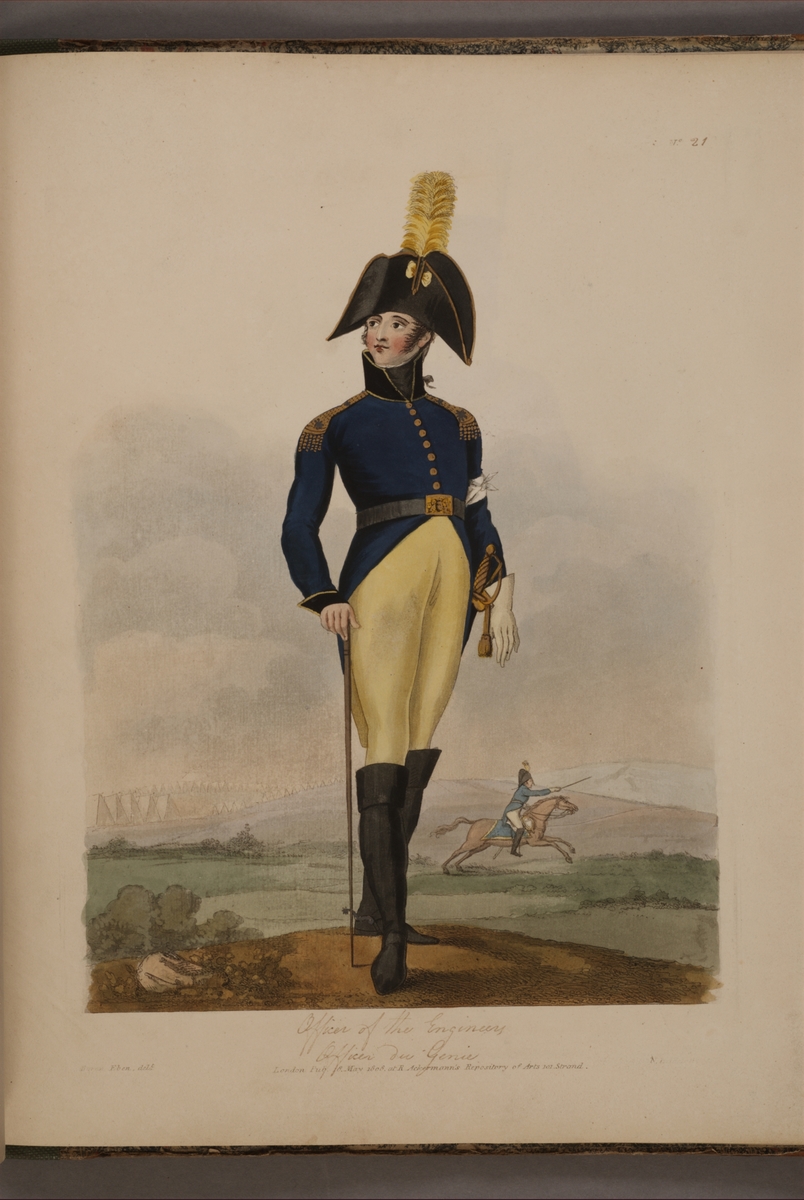 Kjell Hedberg, Plansch med uniform för Fortifikationen, ritad av Frederic Eben i boken The Swedish Army, utgiven 1808.