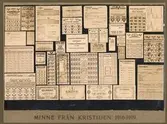 Minne från kristiden 1916-1919, Kort för Självhushållare, Kaffekort, Rabattkort Bränsle eller Potatis, Åhus Livsmedelnämnders mjölkkort, Vedkort Götaland och Svealand, Inköpskort beklädnadsvaror, Sirapskort, Grynkort, Risgrynskort för självhushållare, Sockerkort, Resebrödkort, Tilläggbrödkort Kristianstad län, En krone sedel Norges bank 1917, 1 krone sedel Nationalbanken i Kjöbenhavn 1916, Inköpskort för ½ Paket Julgransljus, Kort för diverse varor, Inköpskort för 1 paket stearinljus, Brödkort Kristianstad län, Foderkort, kort 1 liter Skummjölk, kort 1 liter Söt mjölk, kort 2 kronor Åhus Sockens livsmedelsnämnd, Påbrödskort, 1 krona sedel Sveriges riksbank, To kroner sedel Norges bank 1918, Kaffekort, Kort Fläsk och Kött Åhus socken, Kort vispgrädde,  Syltsockerkort, 1 krona livsmedelkort, Smörkort Åhus Livsmedelsnämnder, Potatiskort Åhus kommun, Restaurantkort för potatis, Kort för diverse varor N.o 2, Kontrollkort Tobakskort.