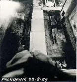 S:t Olofs kyrka. Restaureringen 1958-1961. Romanska torngrunden blottad. Ovanifrån fr. väster.