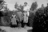 En kvinna och tre barn i en trägård. Johnsons privata bilder.
	Metallutfällning.