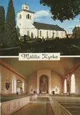 Vykort över Målilla kyrka, som byggdes i nyklassicistisk stil 1820-1822.
På den undre bilden syns långhuset med Altartavlan, målad av Einar Forseth. Motivet anspelar på Bergspredikan.