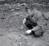 K-G Petersson utför en arkeologisk undersökning vid Klinta 1957. Här har man funnit ett svärd.