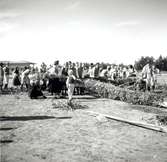 Deltagare under hantverksmässan i Kalmar 1947 reser midsommarstången.
