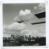 En simhoppare i aktion under SM i simning, som 1946 hölls vid Långviksbadet i Kalmar.