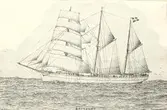 Skonarskepp, 351 br.ton. Byggt 1904 i Oskarshamn. Redare 1910 C.J.Sandell.
Teckning av J.H.Götherström. Se 