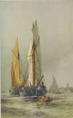 Svenska bankfiskebåtar bogseras av roddbåt, 1880-talet. Akvarell av Jacob Hägg.
