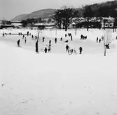 En vinterdag med skridskoåkare på Mjölkafållans damm i Huskvarna.