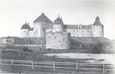 Kalmar slott från Danska kullarna. Bilden är tagen 1856 och visar ett förfallet slott. Postjern saknar tak och Kuretornet är betydligt lägre än efter 1880-talets renoveringar. Till vänster i bild anar man att vallgraven var uttorkad.