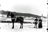 Ernst Hagman med fru Ester född Vogel åkande skidor efter häst.
Fotograf E Sörman.