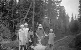 Promenad i lingonskogen i Lingbo. Från vänster David Brundins syster Kerstin, Karin Brundin, okänd pojke, Hanna Olsson och Eva Brundin, ca 1926.