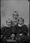 Här sitter Elna Brundin, bara ett par år gammal, tillsammans med sin bror Einar Olsson stående och syster Ingeborg Olsson. Foto ca 1894.