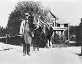 Bryggarhäst med kusken som troligen är Per Olof Sahlin (1873-1953). Han var anställd som utkörare på Wilanders bryggeri. Bakom hästen syns Brinkgården på Kvistholmen.