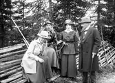 Sällskap vid gärdesgården. Tidsomfånget är 1900 - 1940
Fr. v: Sigrid Paues, okänd, Margta Hillström, John, Hillström.