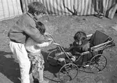 Pojke och liten flicka skjutsar en ännu mindre flicka i barnvagn. Familjen Taikons läger i Johanneshov, södra Stockholm.