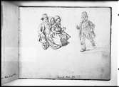 Foto av teckning ur skissbok utförd av Kilian Zoll (1818-1860). Barn från Kosta, Småland 1852. Flickor i lång kjol, förkläde och sjal knuten under hakan. Pojkar rock och mössa.