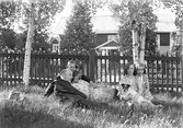 I gröngräset från vänster Bernhard Skoglund, Börje Mörk, okänd kvinna, Märta Hannberg, okänd kvinna och hunden Roy

