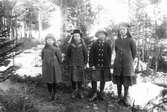 Från vänster: Skräddar-Jonases Märta (Olsson), Flyss-Elsa (Persson), Mickels-Anna och Ruth Hellberg (hennes mor var lagårdspiga i Flyss). Foto 1913.