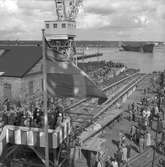 Den 27 augusti 1953. Gävle Varv. Sjösättning av båten M/S Lombardia

