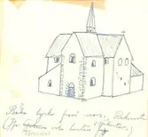 Teckning som visar en rekonstruktion av norra fasaden på Böda gamla kyrka.