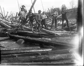 Män arbetande med timmer.