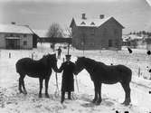 Pojke med två hästar på Mogärde gård i Vetlanda, tidigt 1900-tal.