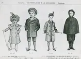 K.M Lundberg Katalog. Fyra olika modeller av barnkläder. Nr 21: Rock av clothfoder och hatt, Nr 22: Sommarkavaj i äkta blå cheviot med clothfoder och hatt, Nr 23: Pälskappa och hatt, Nr 24: Yllecape med kapuschong.