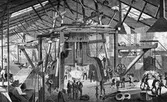Sandvikens järnverk 1866, interiör. Kopparstick av J. Pabst.