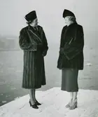 Två modeller i minkpäls och hatt vid vattnet. Kvinnan till vänster i lång kappa, kvinnan till höger i kortare jacka.