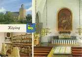 Interiör av Köpings kyrka. Kyrkan om- och tillbyggdes 1955. Därvid funna runstensfragment utställda i tornet. Unikt: De har kvar ursprunglig röd och svart färg.