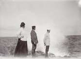 En kvinna och två män på en klippa vid havet, i bakgrunden slår en våg upp. 