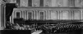 Rikssalen på Kungliga slottet, och när Gustaf III öppnar 1789 års riksdag. Målning av Louis Jean Desprez.