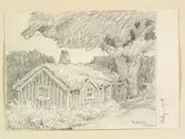 Blekinge, Hoby. Stuga. Teckning av Ferdinand Boberg