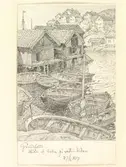 Bohuslän, Grundsund. Båtar och bodar på västra sidan. Teckning av Ferdinand Boberg