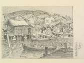 Bohuslän, Hällevikstrand. Hus, bodar och båtar vid bryggorna. Teckning av Ferdinand Boberg