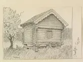 Dalarna, Folkare hd., Grytnäs sn., Stusshyttan. Visthusbod. Teckning av Ferdinand Boberg
