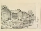 Dalarna, Malungs sn., Öje. Fiskebodar. Teckning av Ferdinand Boberg