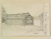 Dalarna, Särna sn. Båthus vid Dalälven i Heden. Teckning av Ferdinand Boberg