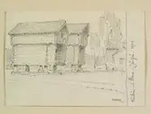 Hälsingland, Järvsö sn. Härbren i Stene. Teckning av Ferdinand Boberg