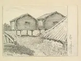 Lappland, Piteå lappmark, Arvidsjaurs sn., Lappstaden. Visthusbodar. Teckning av Ferdinand Boberg