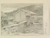 Teckning av Ferdinand Boberg. Ångermanland, Härnösands sn., Gånsvik. Fiskebodar och båtar.