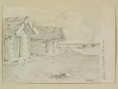 Öland, Runstens hd., Bredsättra sn., Kapelludden. Sjöbodar och båtar. Teckning av Ferdinand Boberg.