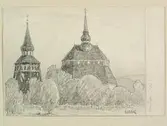 Teckning av Ferdinand Boberg. Härjedalen, Vemdalens kyrka