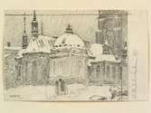 Teckning av Ferdinand Boberg. Stockholm, Staden inom broarna, Kv. S:t Franciskanus, Riddarholmskyrkan