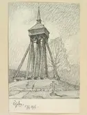 Teckning av Ferdinand Boberg. Småland, Kinnevalds hd., Öjaby kyrka, Stapeln, 