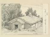 Teckning av Ferdinand Boberg. Västergötland, Marks hd., Kinnaromma sn., Sockenstugan, Borås Hembygdsmueum