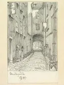Teckning av Ferdinand Boberg. Stockholm, Staden inom broarna, Urvädersgränd