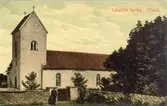 Vykort med Långlöst kyrka. Påskrift på baksidan: Långlöt d. 22-4-12 De hjärtligaste lyckönskningar på namnsdagen samt hälsningar från Långlöt sändas Eder av Margit.