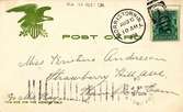Ett svart/vitt vykort till Kristina Andersson, Strawberry Hill ave., Stamford, Con. C/o Mrs Raymond. Från Sara kortet är stämplat i Morristown 6/8 1904.